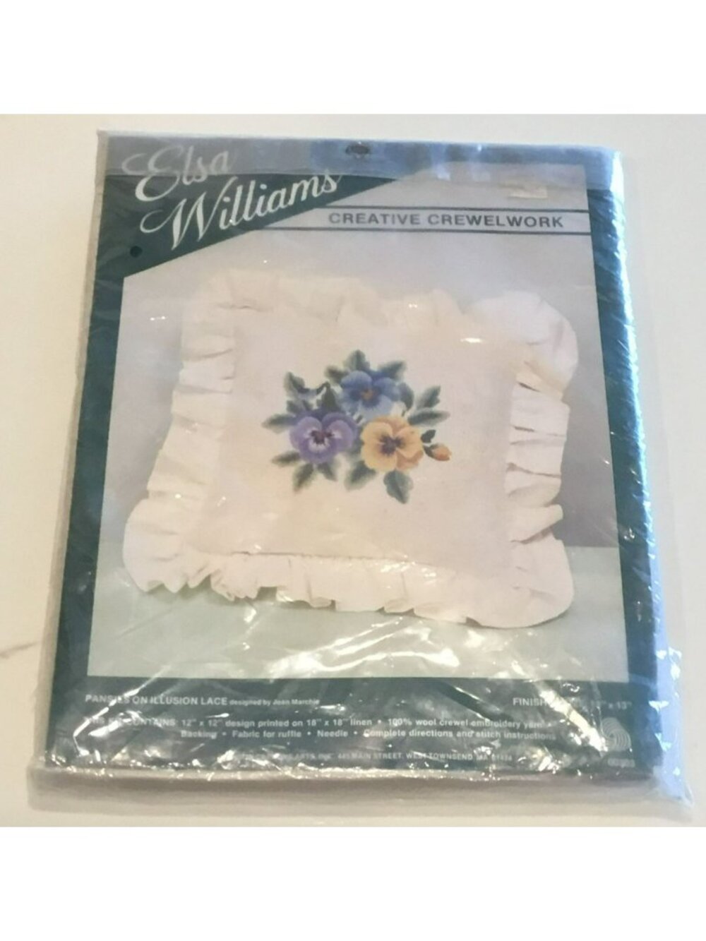 Elsa Williams Pansies On Illusion Lace Pillow Crewel Embroidery Kit 13"x13"